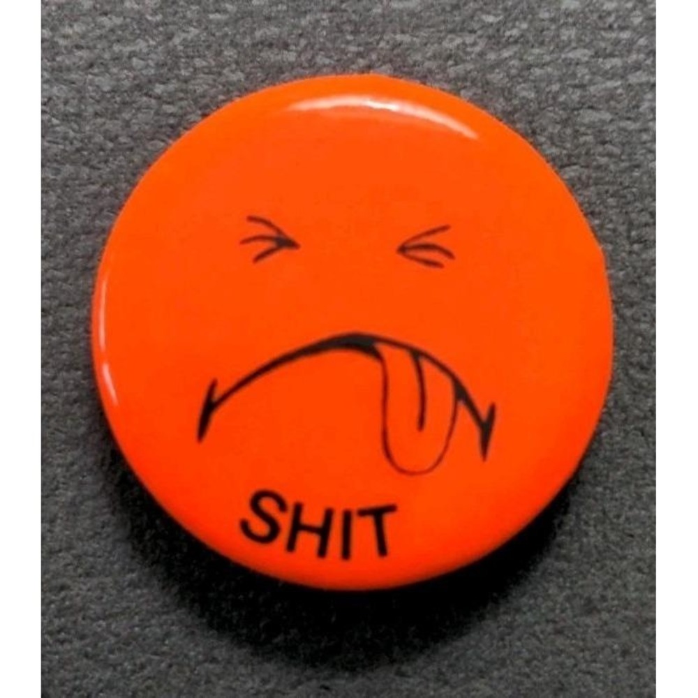 Vintage Frowny‎ Face Counter Culture Pin Back Neon Button Slater Funny Humor 70s